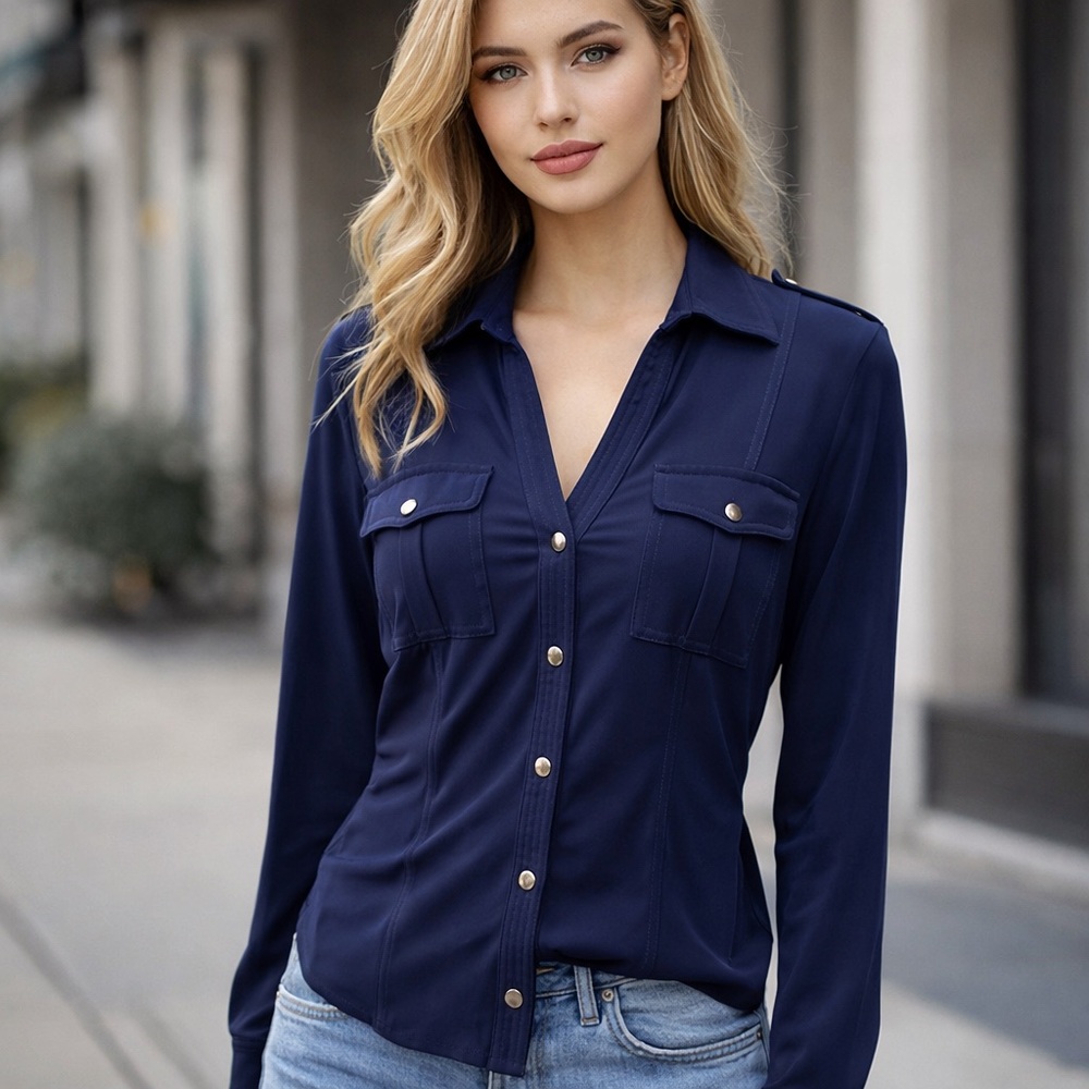 Cache Navy Button-Front Utility Blouse | Long Sleeve Tailored Shirt | Size M